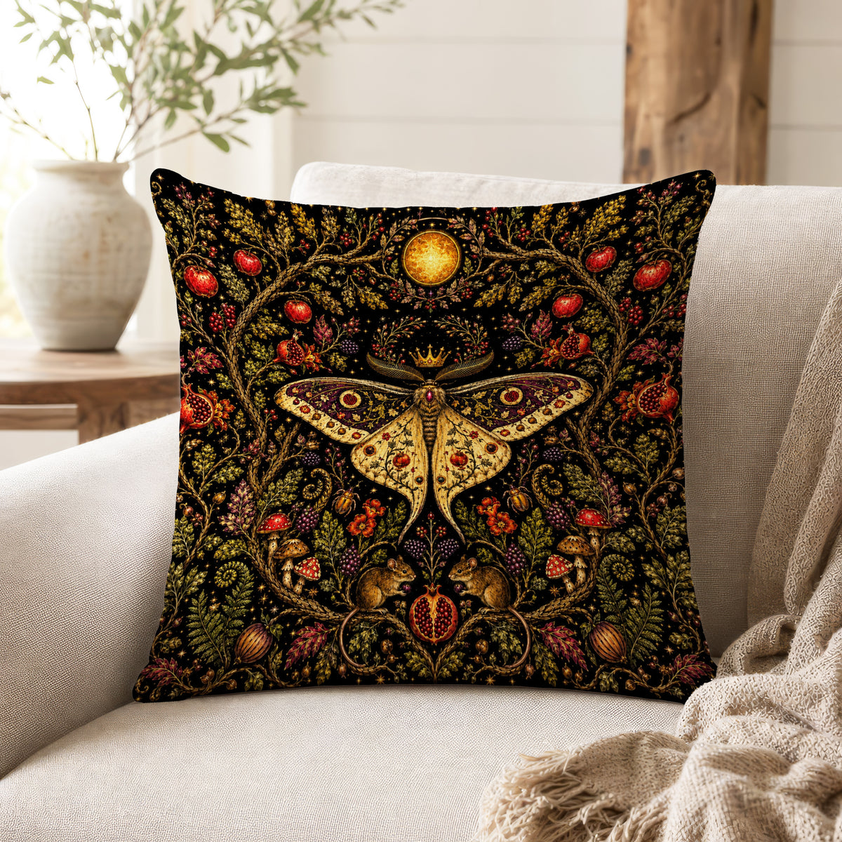 The Crowned Luna – Moth & Pomegranate Pillow