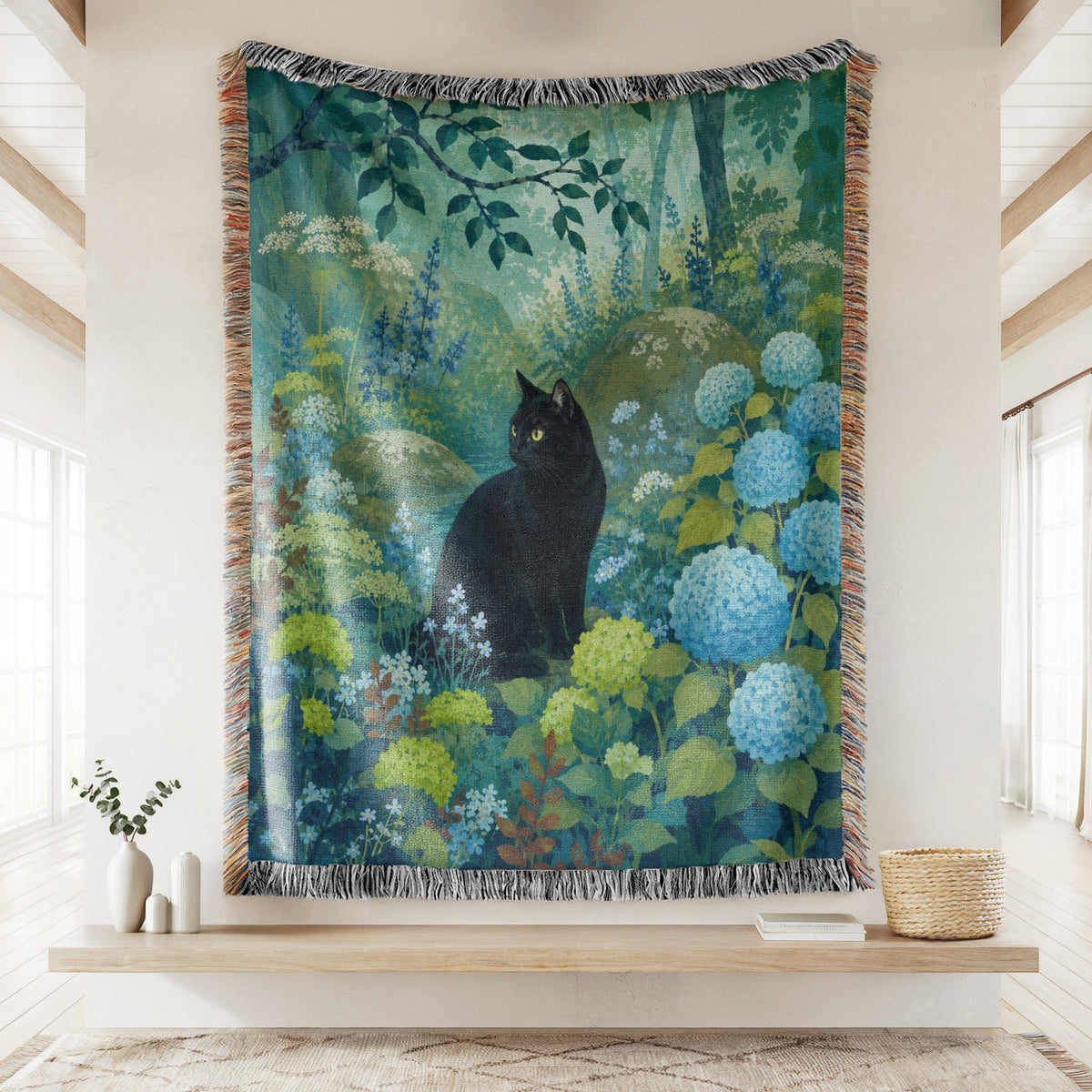 Blue Hydrangea Forest Black Cat Blanket