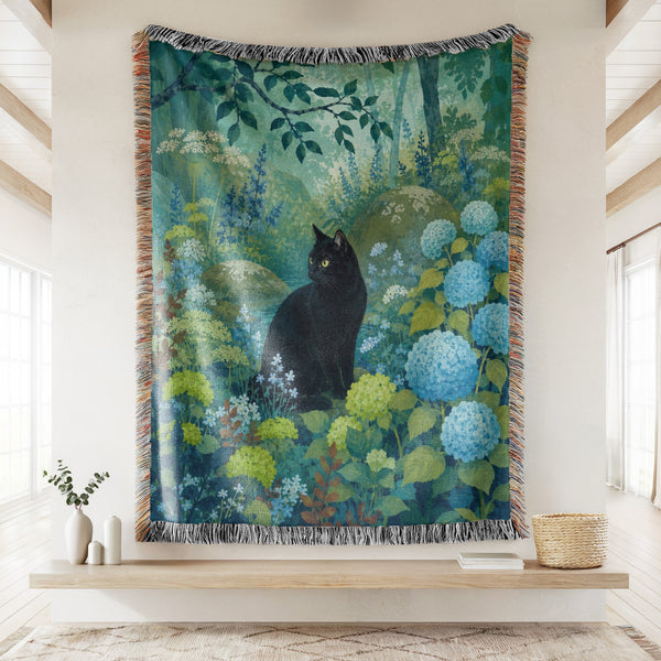 Blue Hydrangea Forest Black Cat Blanket