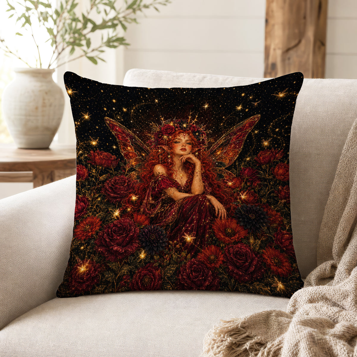 Crimson Rose Fairy – Romantic Fantasy Pillow