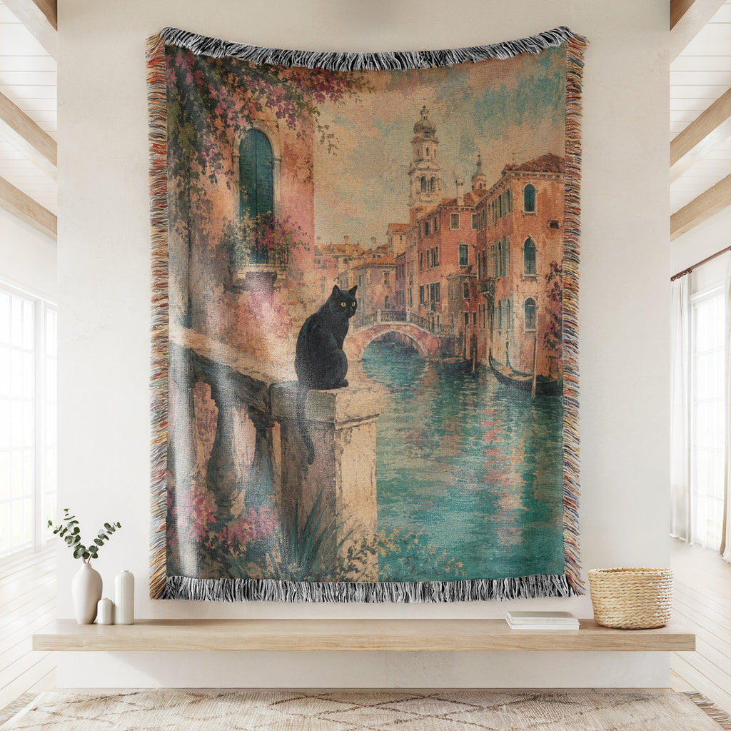 Venetian Canal Black Cat Blanket