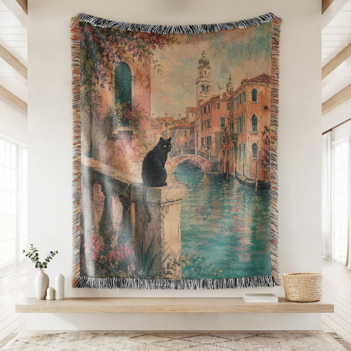 Venetian Canal Black Cat Blanket
