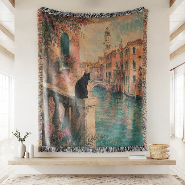 Venetian Canal Black Cat Blanket