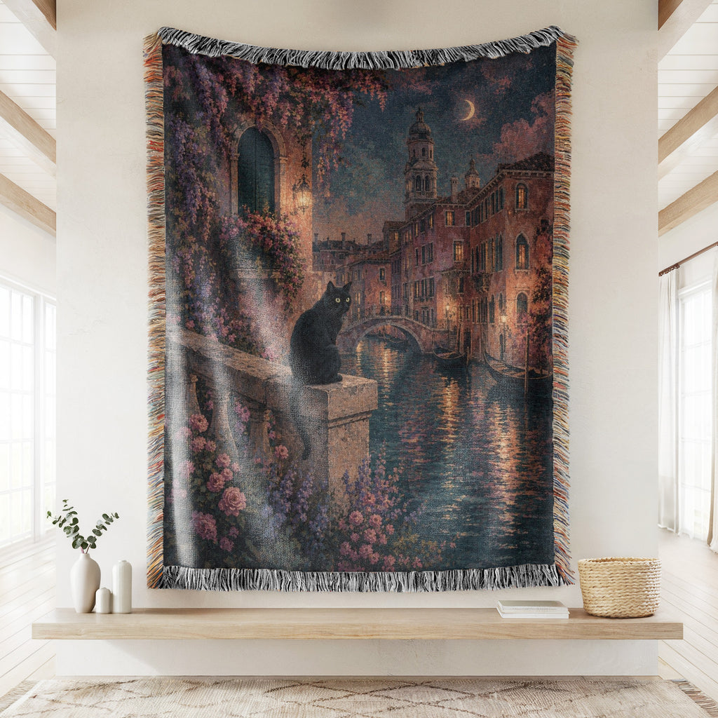 Moonlit Venice Black Cat Blanket