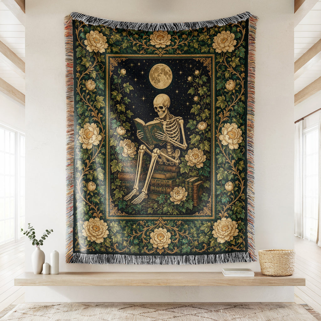 Moonlit Ivory Rose Skeleton Reader Blanket