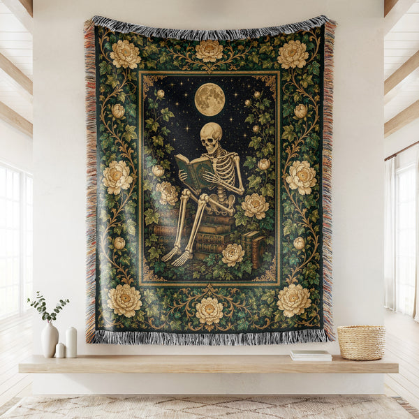 Moonlit Ivory Rose Skeleton Reader Blanket