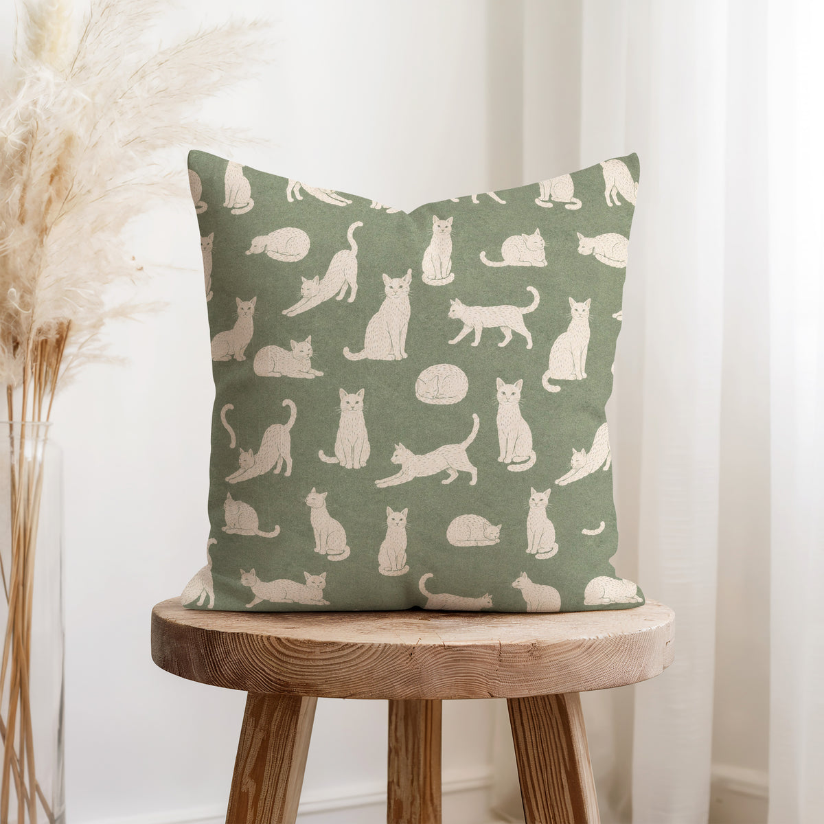 Little Cats – Sage Green Cat Pillow