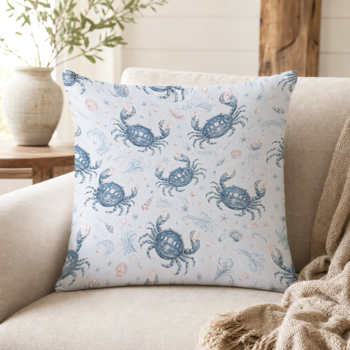 Cancer Moon Crabs – Blue Zodiac Pattern Pillow