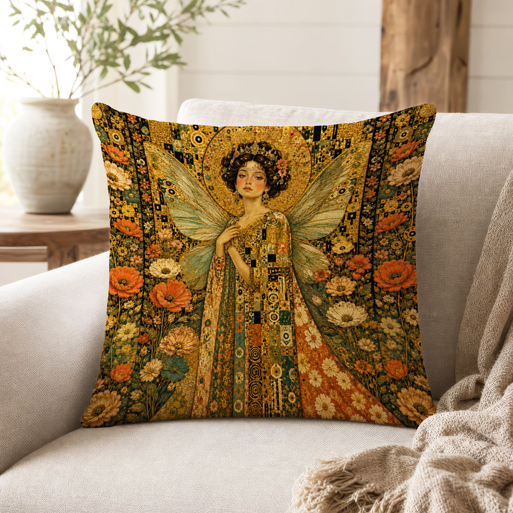 Golden Muse Fairy – Art Nouveau Floral Pillow