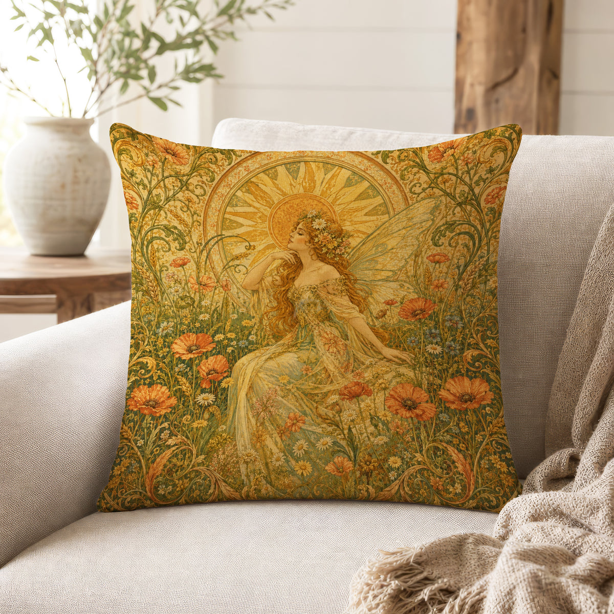 Sunlit Meadow Fairy – Art Nouveau Pillow