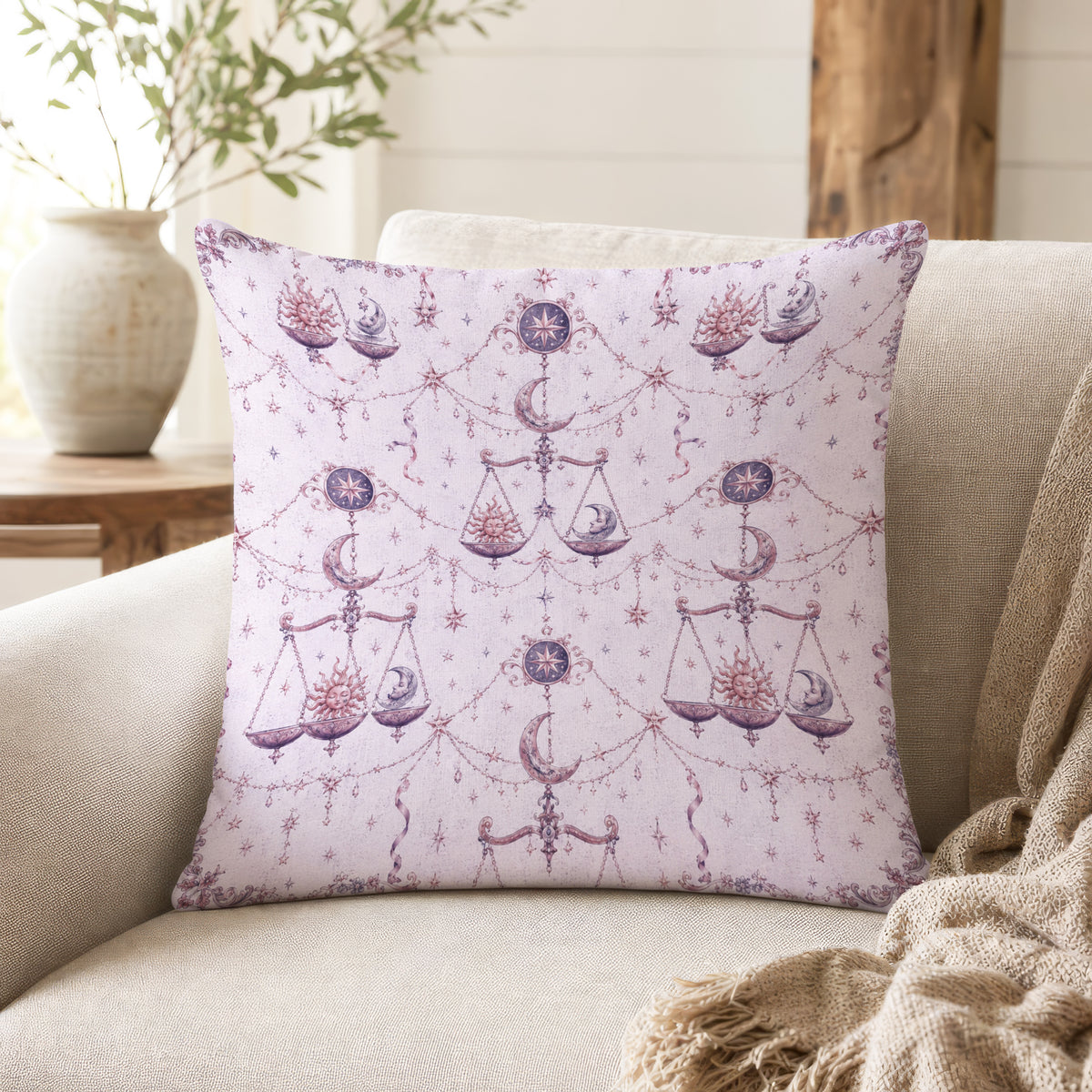 Libra Moon Scales – Lavender Zodiac Pattern Pillow