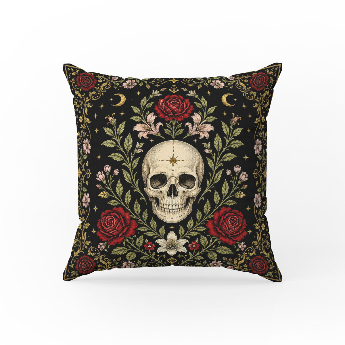 Roses for the Departed – Skull Floral Gothic Pillow