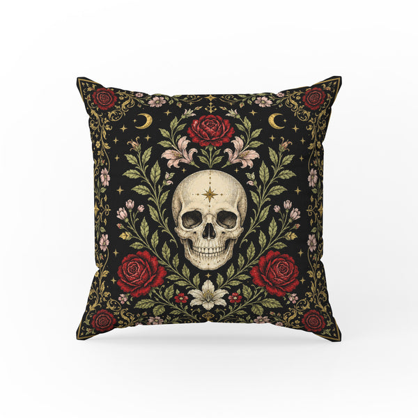 Roses for the Departed – Skull Floral Gothic Pillow
