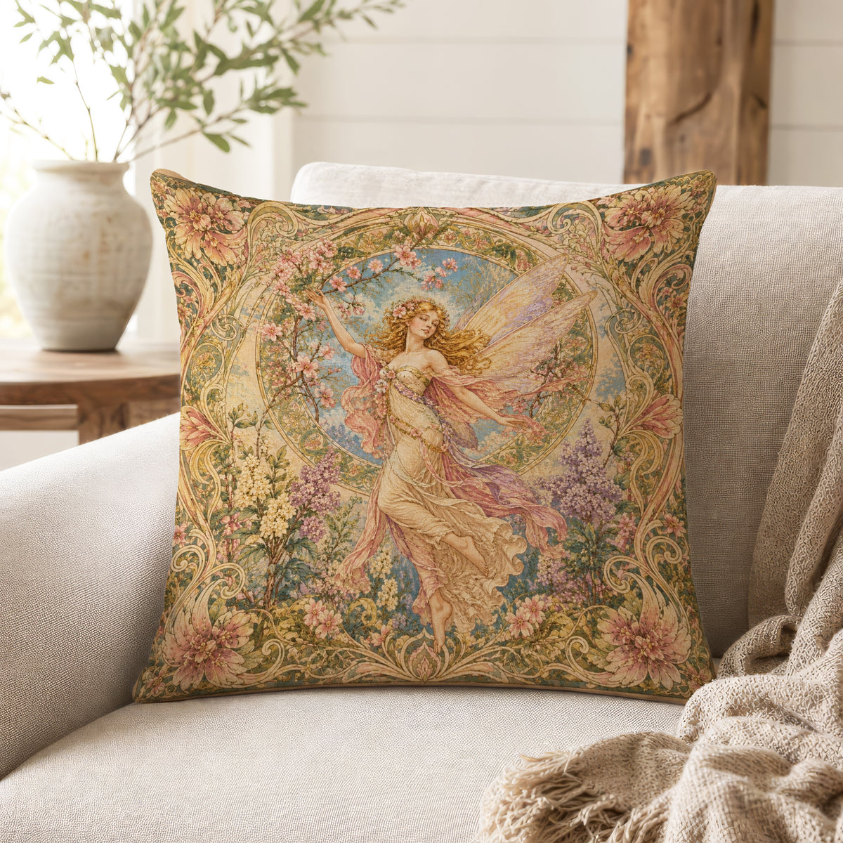 Blossom Dance Fairy – Art Nouveau Floral Pillow