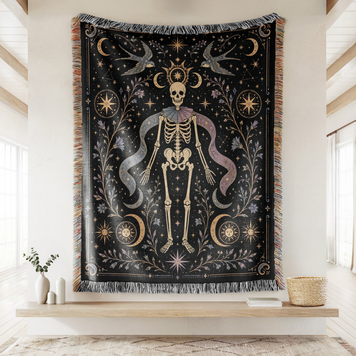 Gemini Twin Swallows – Gothic Skeleton Zodiac Blanket