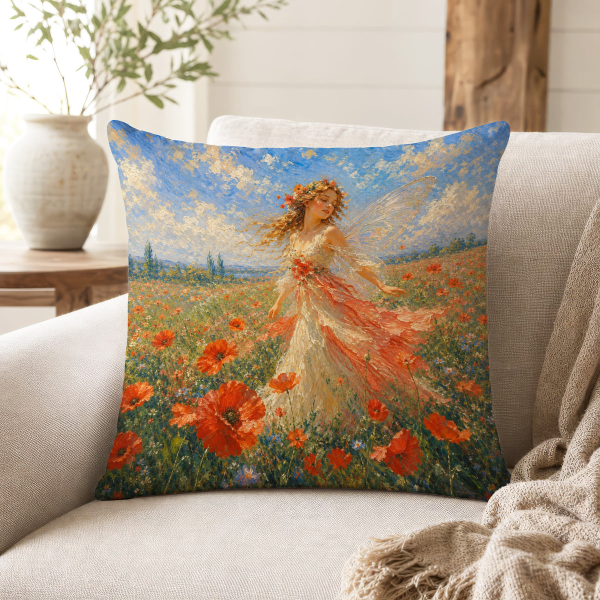 Poppy Meadow Fairy – Impressionist Floral Pillow