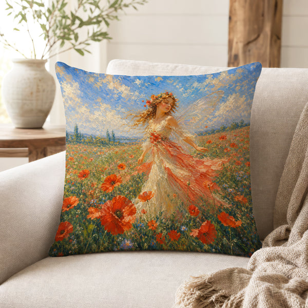 Poppy Meadow Fairy – Impressionist Floral Pillow