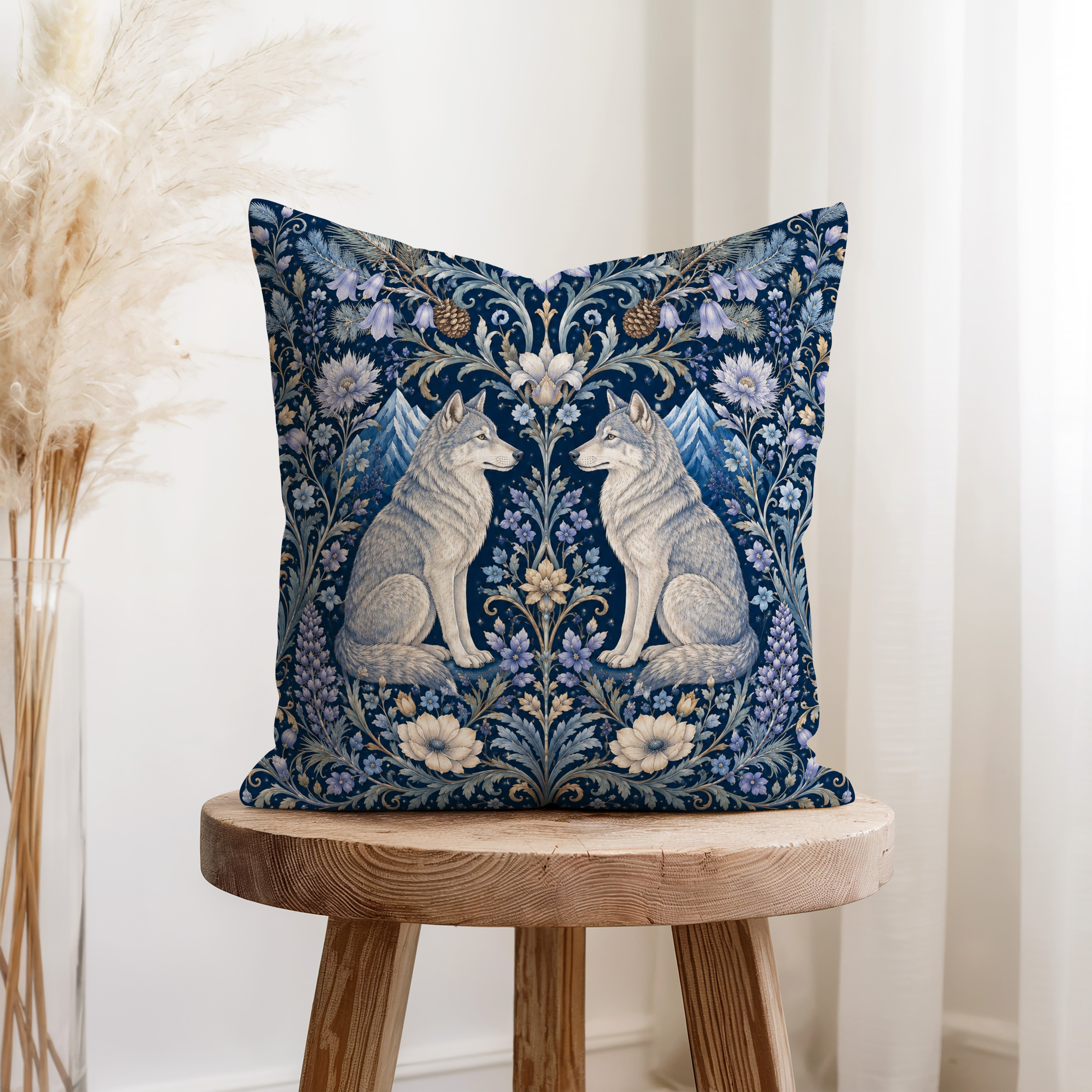 Moonlit Wolves – Blue Botanical Woodland Pillow Secondary image