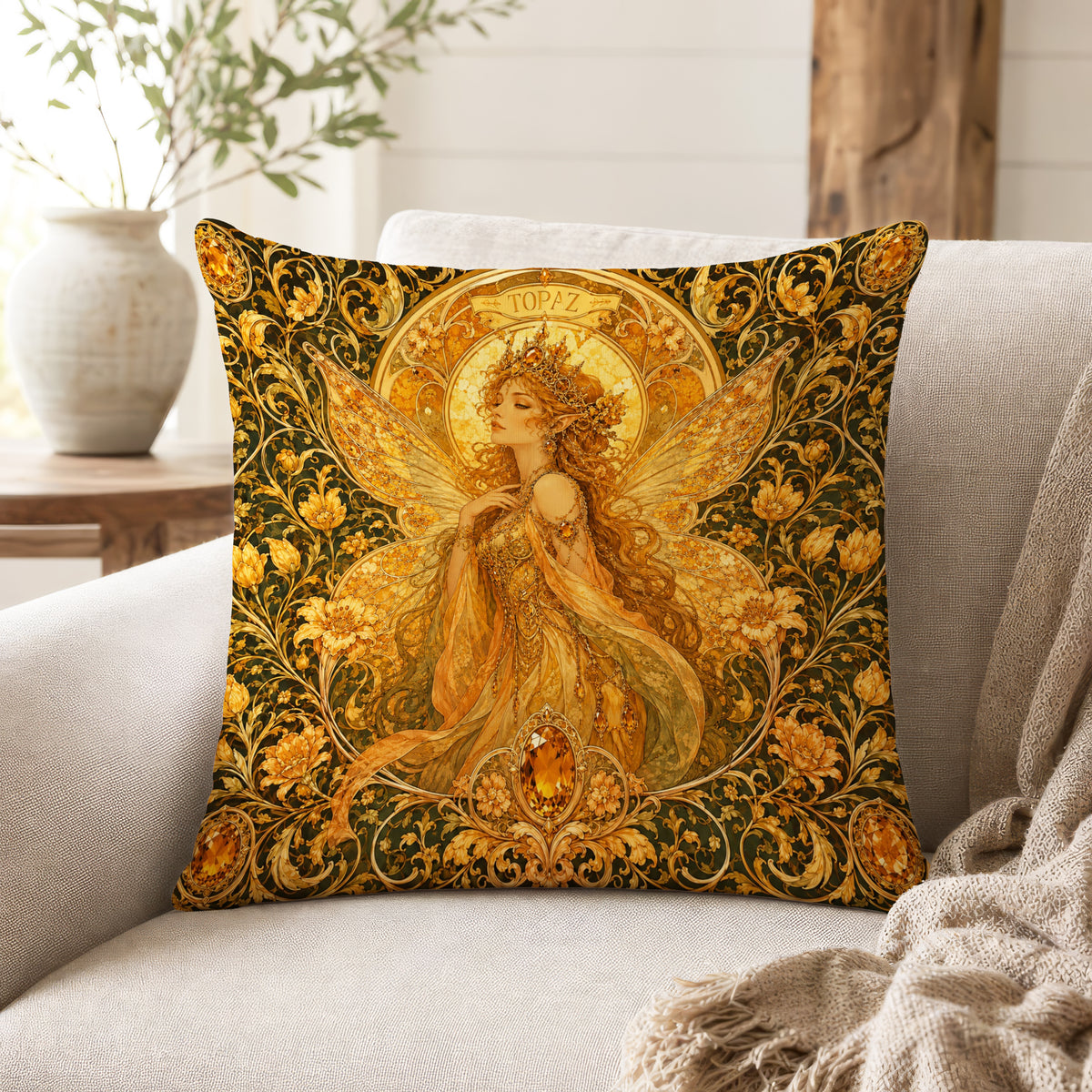 Topaz Fairy – Golden Art Nouveau Pillow