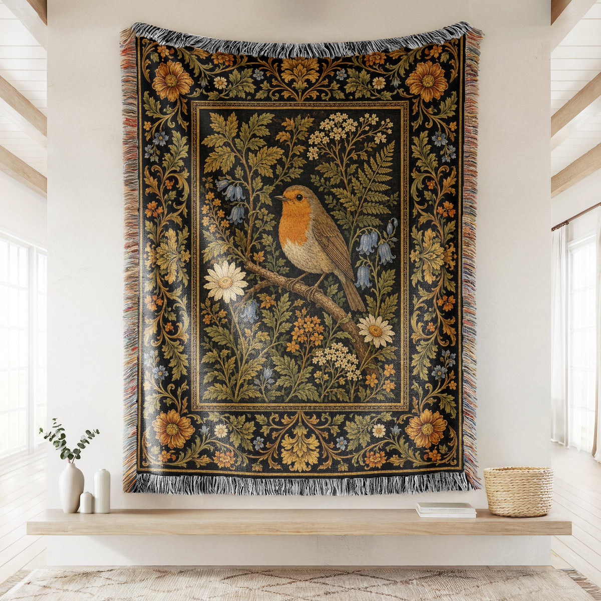 Golden Robin Tapestry Blanket