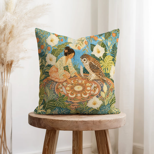 The Moonlit Owl Garden – Botanical Fantasy Pillow