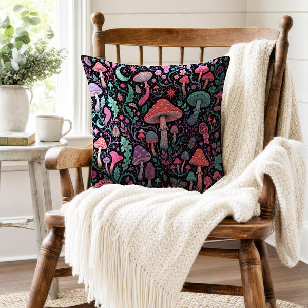 Midnight Mushroom Garden – Whimsical Botanical Pillow