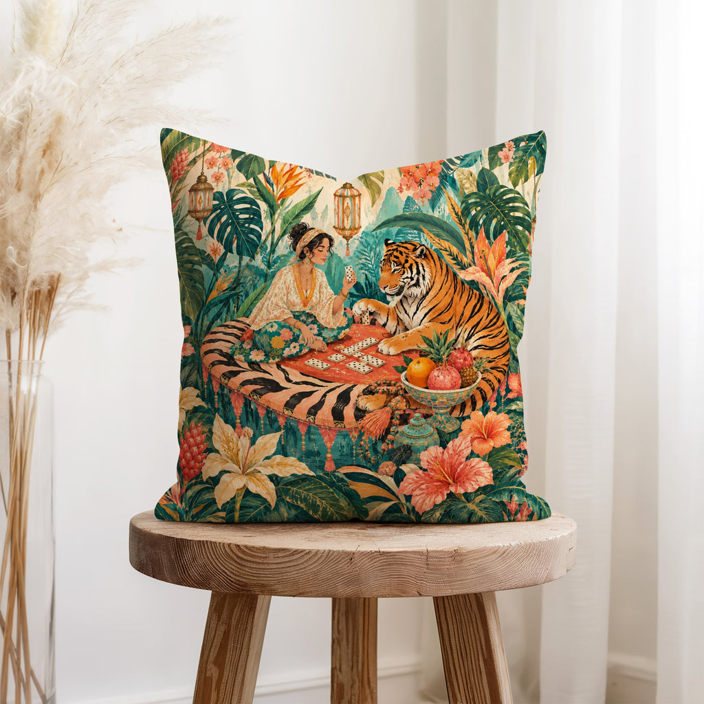 The Tiger’s Card Table – Tropical Fantasy Pillow