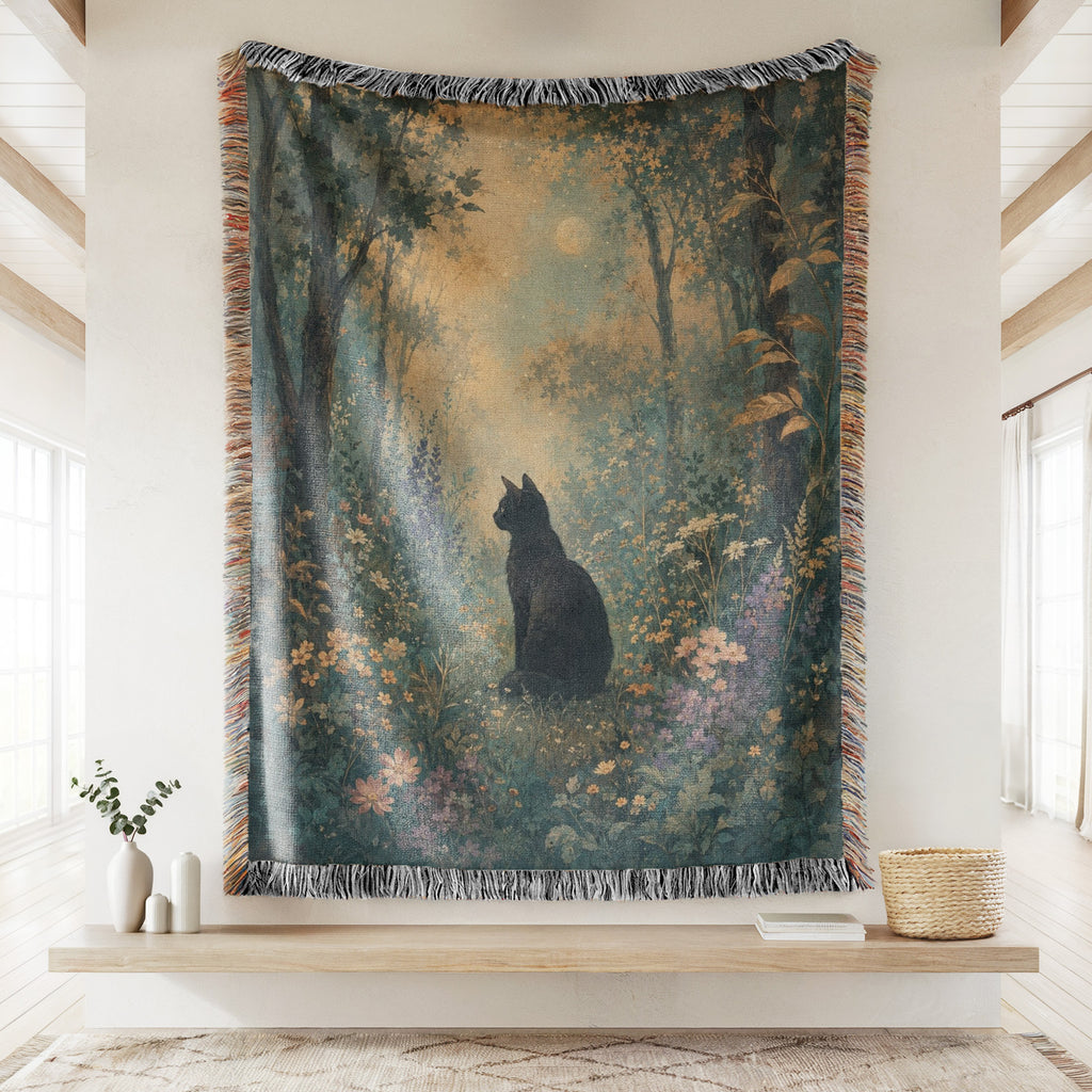 Moonlit Wildflower Black Cat Blanket