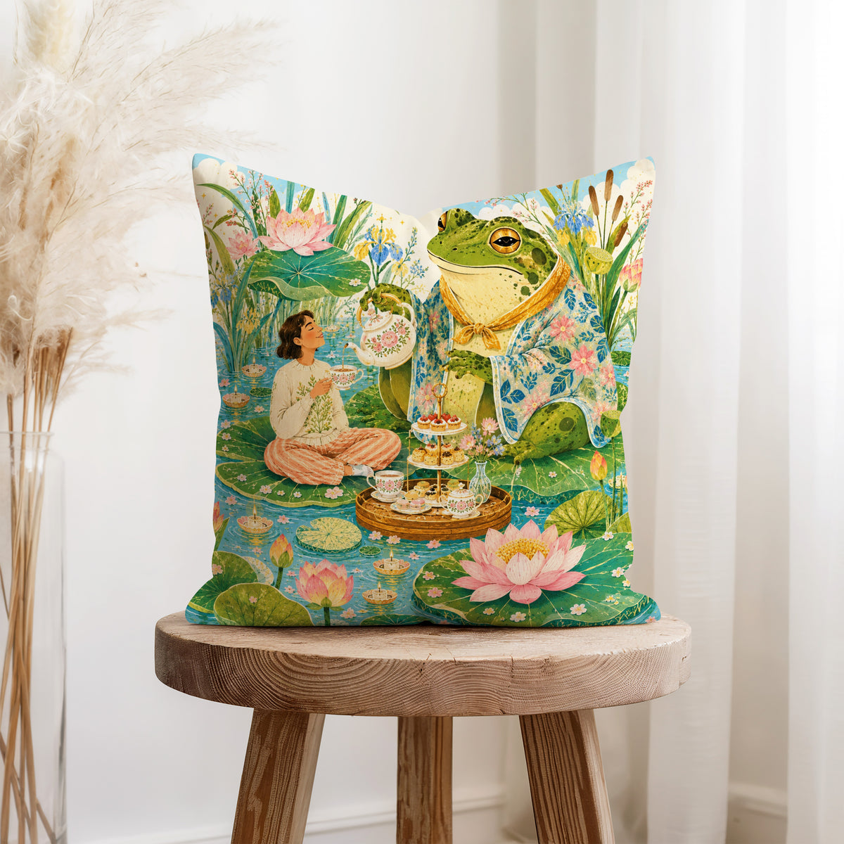 Tea with the Frog – Whimsical Pond Pillow