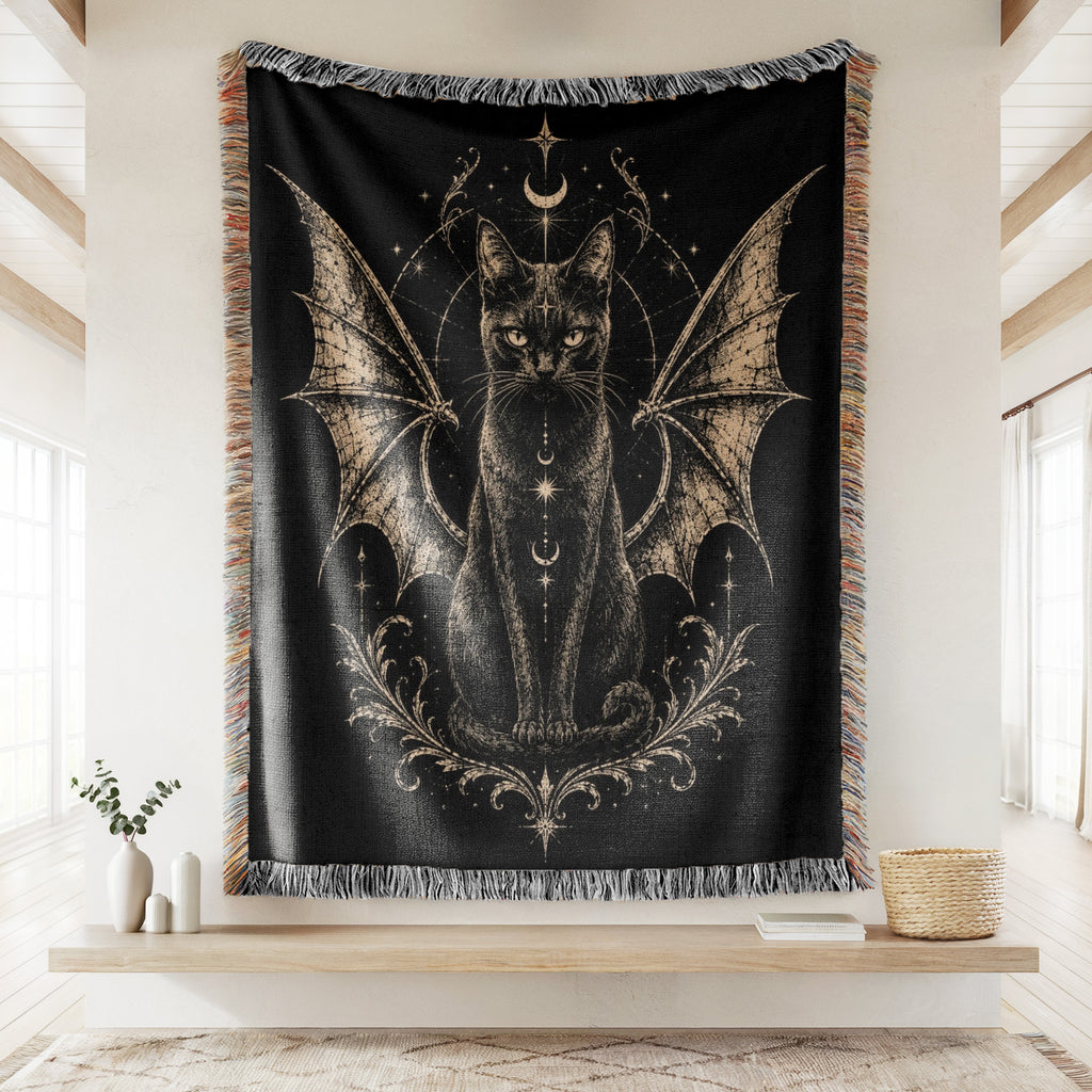 Winged Black Cat Celestial Blanket