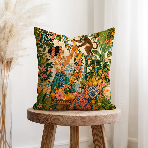 Monkey Garland Garden – Tropical Storybook Pillow