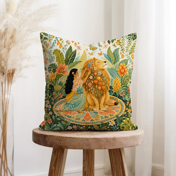 Lion in Bloom – Botanical Animal Pillow