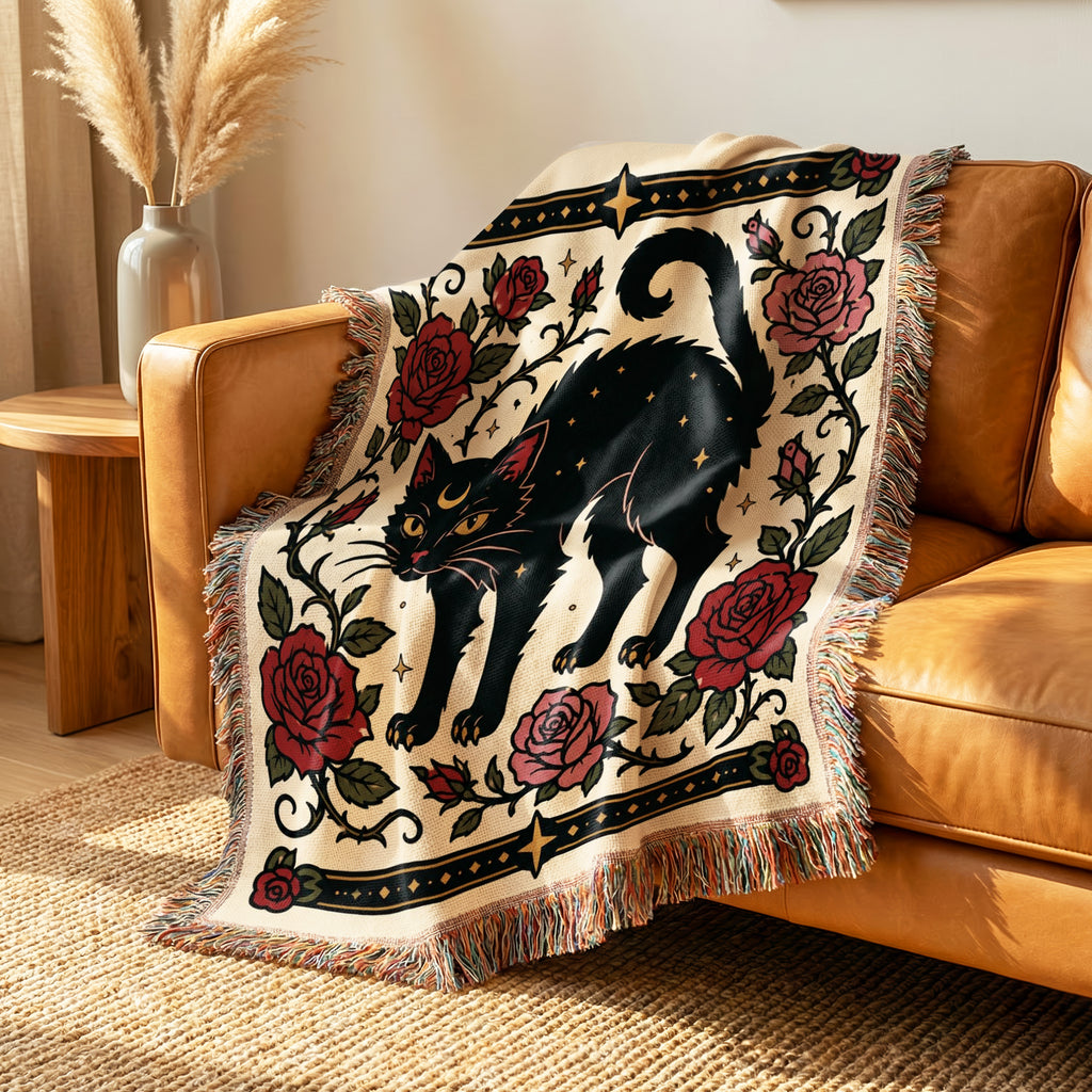 Black Cat & Roses Folk Blanket
