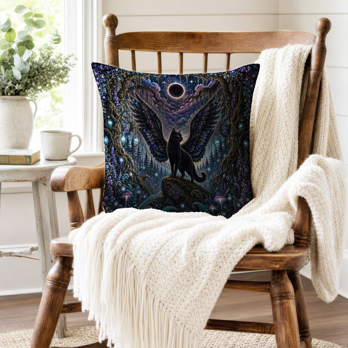 Eclipse Familiar – Winged Black Cat Pillow