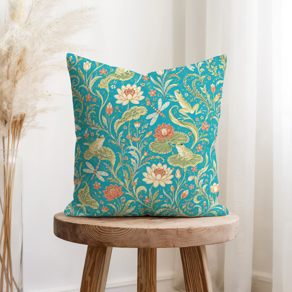 Lotus Pond Frogs – Turquoise Botanical Pillow