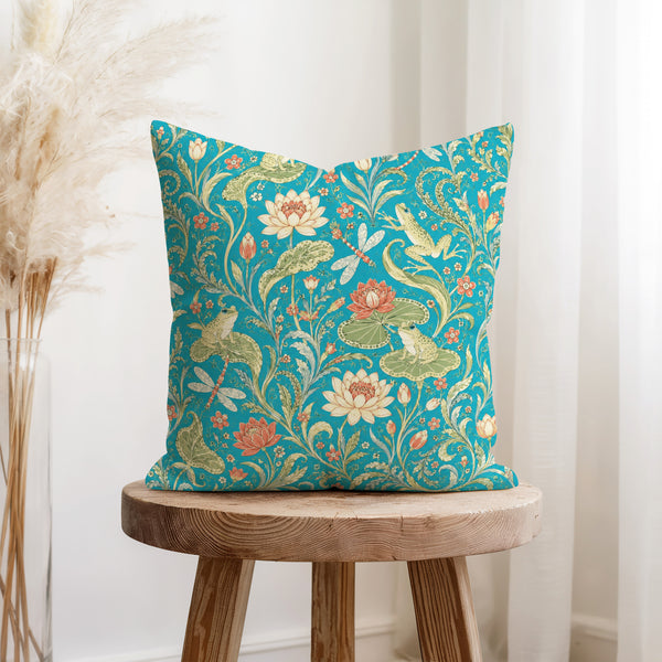 Lotus Pond Frogs – Turquoise Botanical Pillow