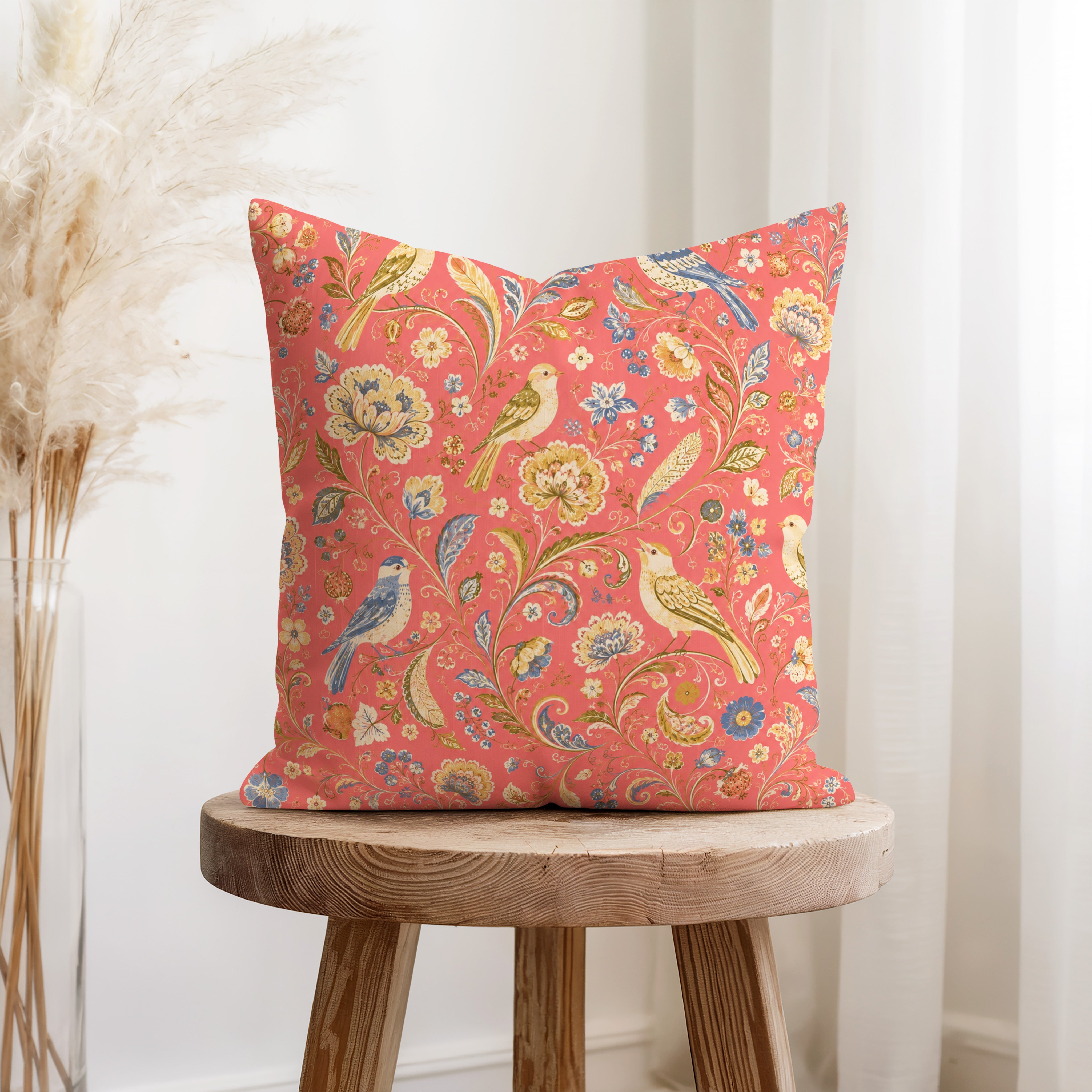 Coral Songbirds – Vintage Floral Bird Pillow Secondary image