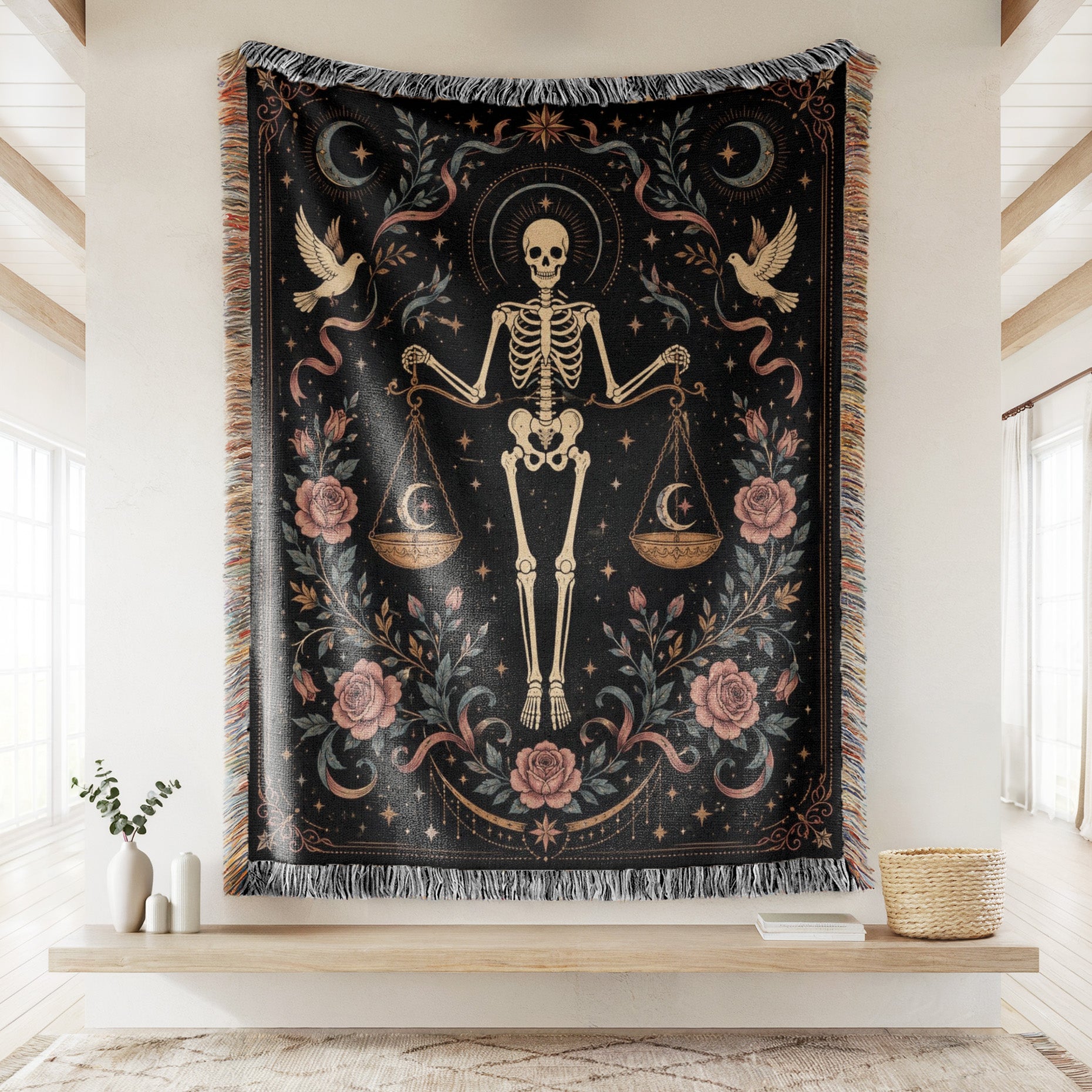 Libra Scales & Roses – Gothic Skeleton Zodiac Blanket Secondary image