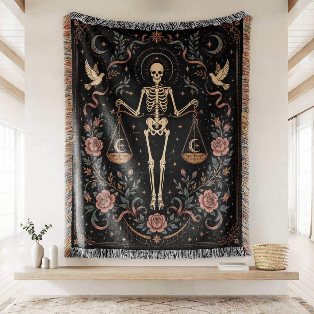 Libra Scales & Roses – Gothic Skeleton Zodiac Blanket