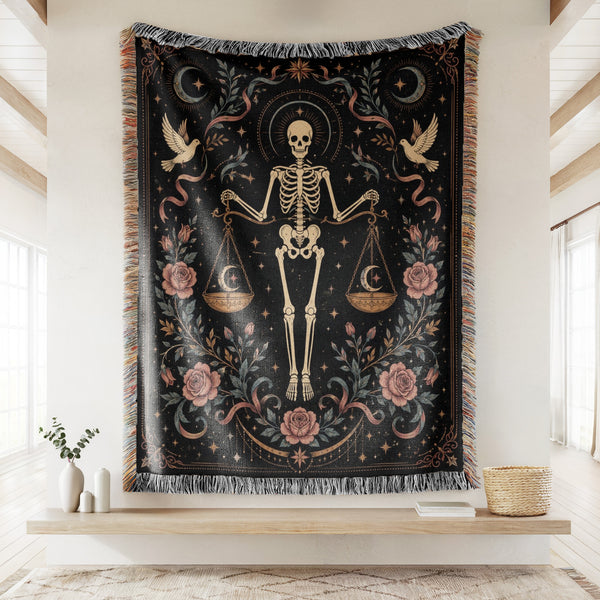 Libra Scales & Roses – Gothic Skeleton Zodiac Blanket