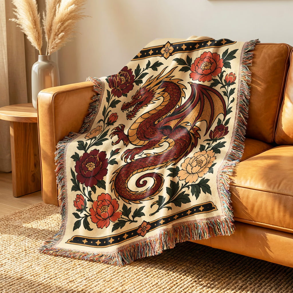 Crimson Dragon & Peonies Blanket
