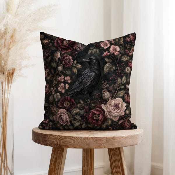 Raven Among Roses – Gothic Floral Pillow