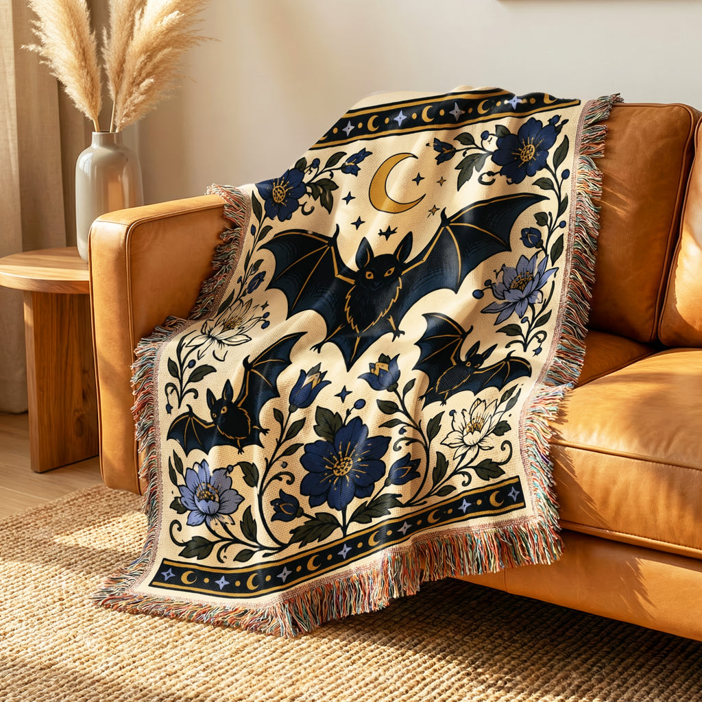 Moonlit Bats & Blue Flowers Blanket