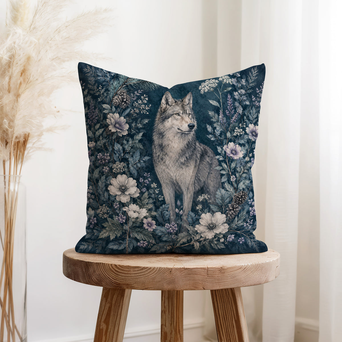 Winter Wolf Garden – Blue Woodland Pillow