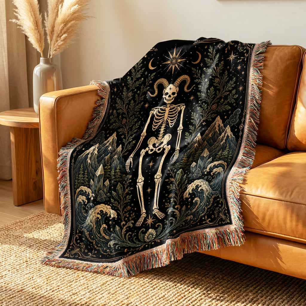 Capricorn Mountain & Sea – Gothic Skeleton Zodiac Blanket