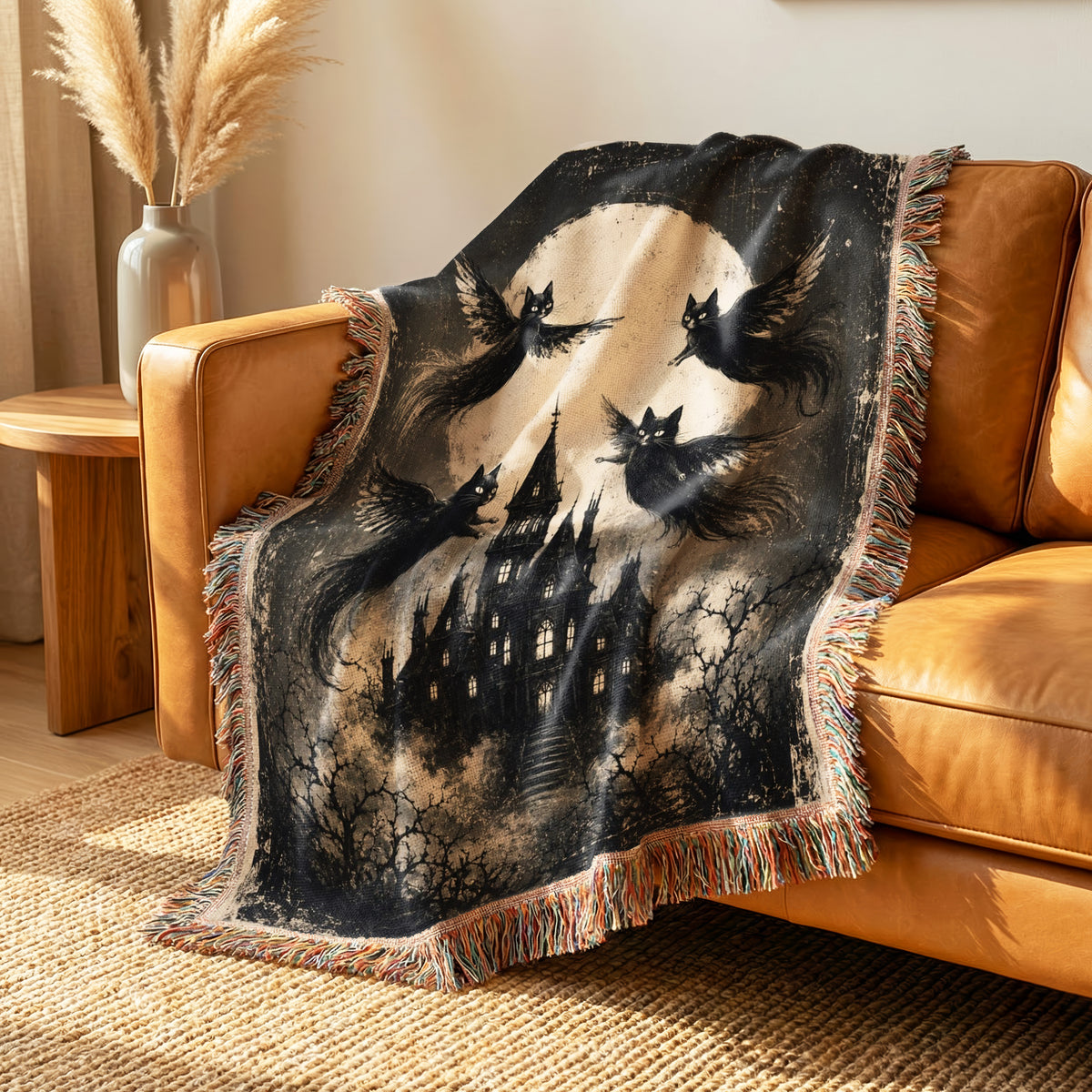 Winged Black Cats Over the Manor Blanket