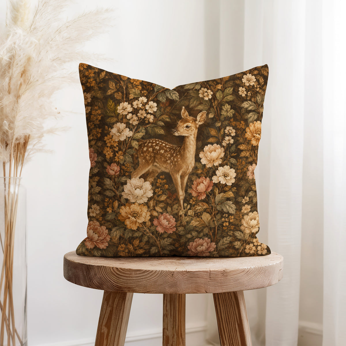 Fawn in the Flowers – Vintage Woodland Pillow