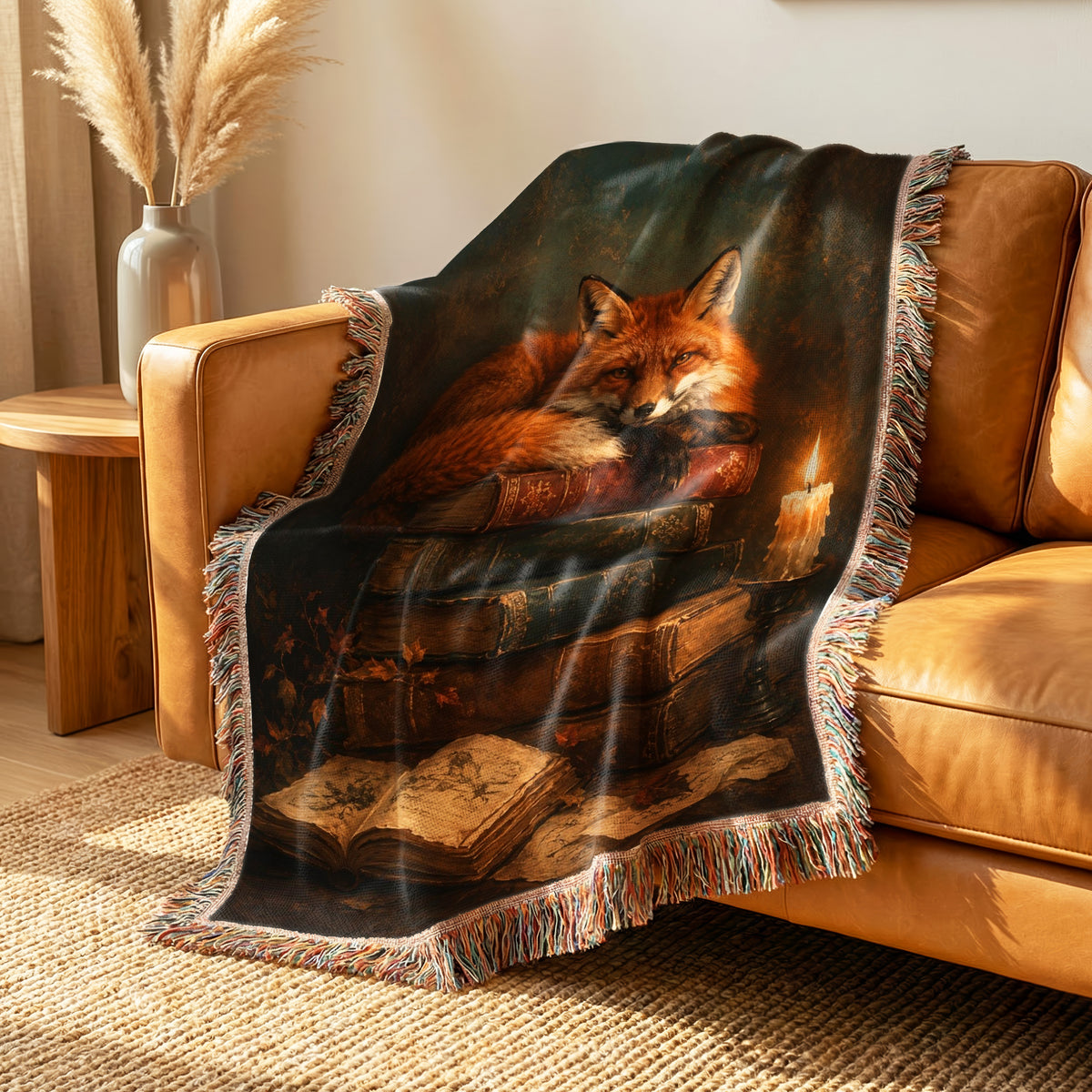 Candlelit Fox & Antique Books Blanket