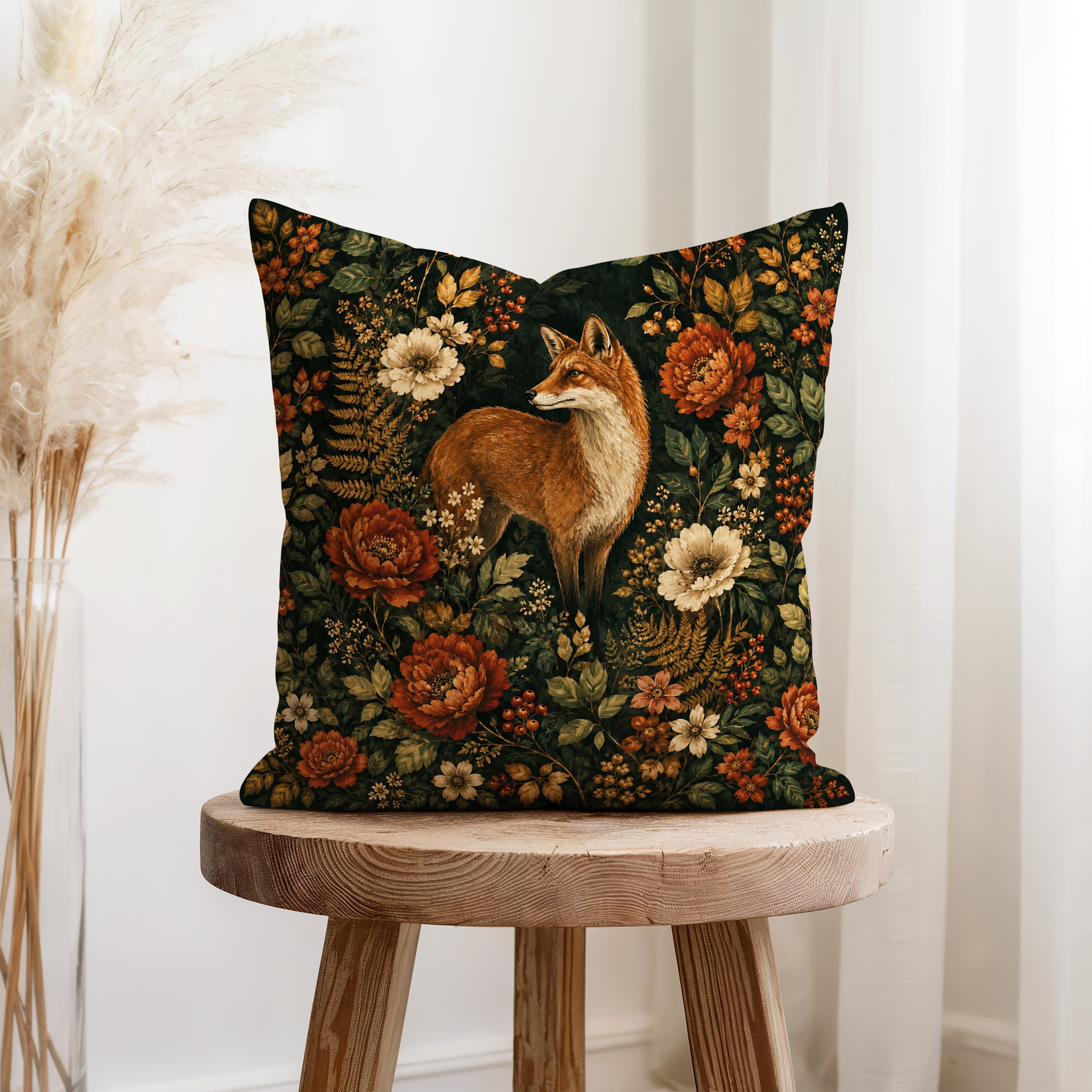 Fox in the Autumn Garden – Dark Woodland Pillow Secondary image