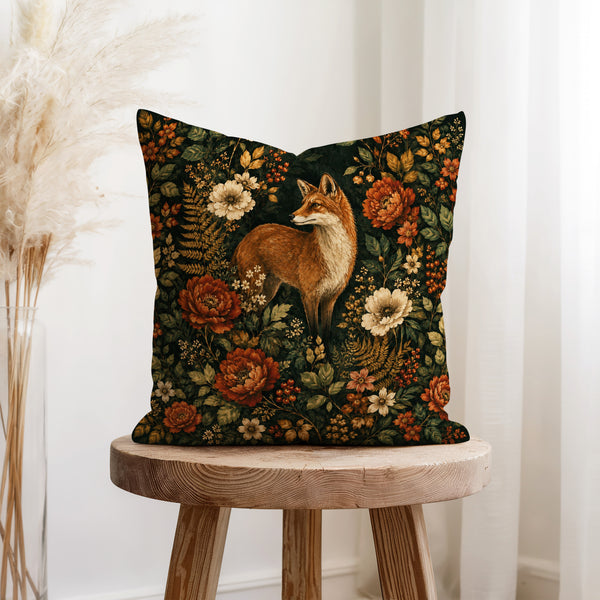 Fox in the Autumn Garden – Dark Woodland Pillow